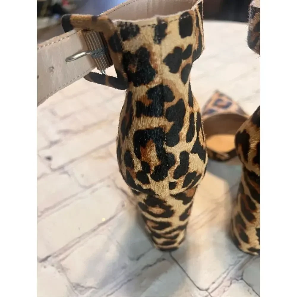 Michael Shannon Size 7.5 Romina Ankle Strap Chunky Heels Cheetah Print Cocktail